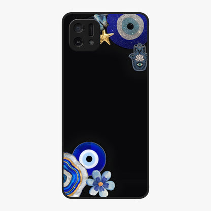 Aesthetic Blue Evil Eye Glass Case showing flat back view with protective evil eye artwork and glossy glass finish.