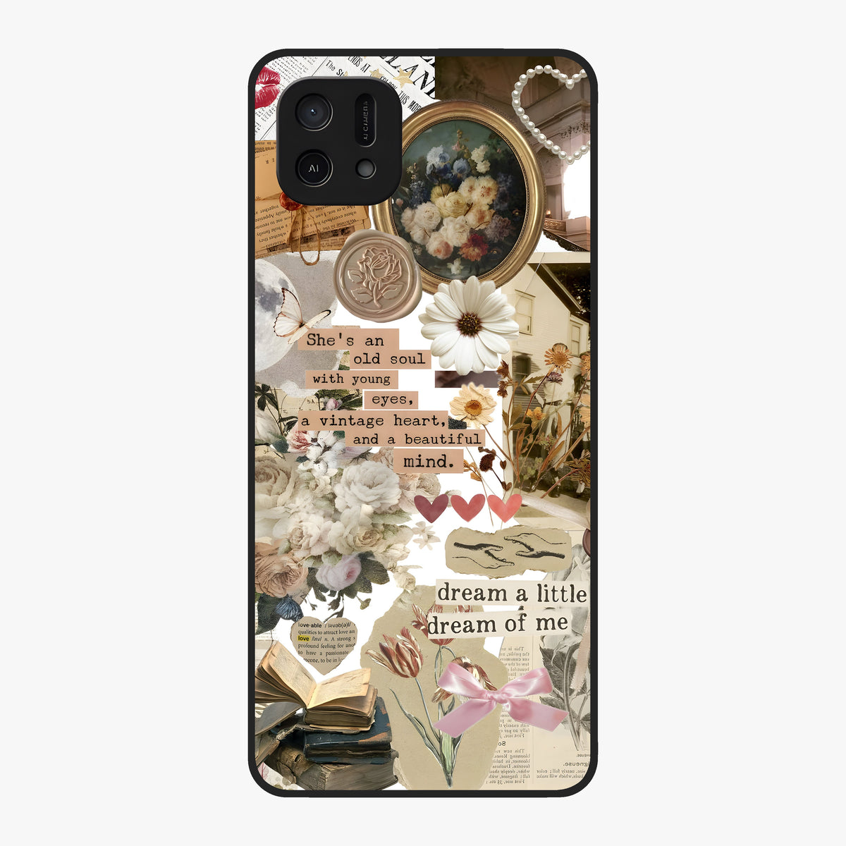 Aesthetic Brown Vintage Collage Glass Case showing flat back view with retro collage artwork and glossy glass finish.
