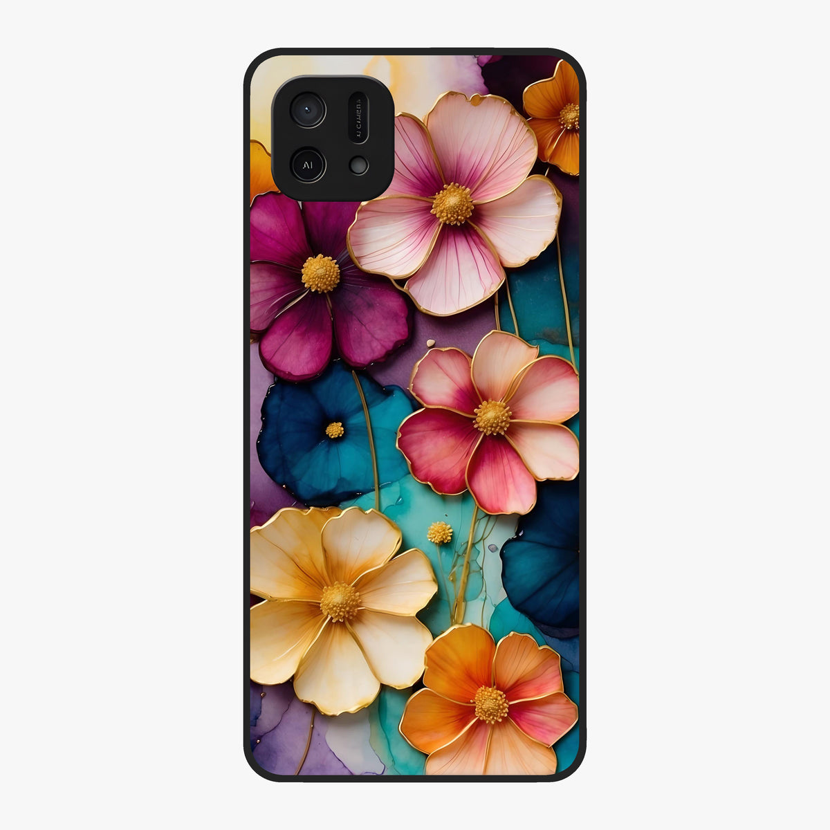 Artlyn Grace Flower Pattern Glass Case showing flat back view with elegant floral pattern artwork and glossy glass finish.
