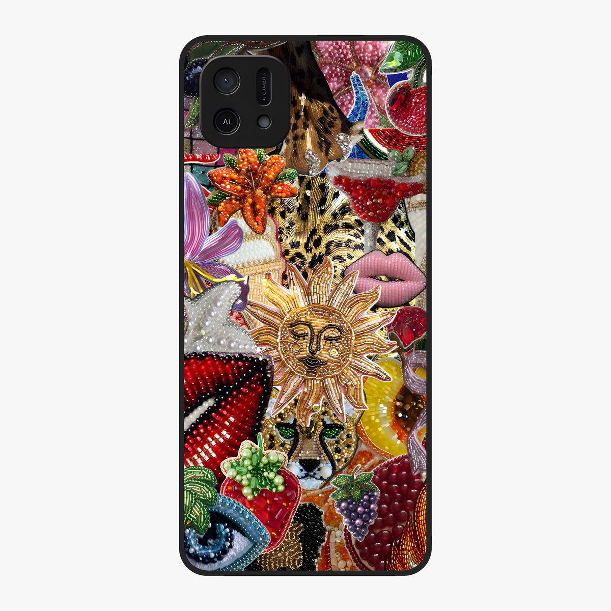 Beaded Fashion Jungle Glass Case showing flat back view with vibrant jungle inspired bead artwork and glossy glass finish.
