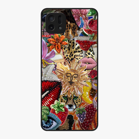 Beaded Fashion Jungle Glass Case showing flat back view with vibrant jungle inspired bead artwork and glossy glass finish.