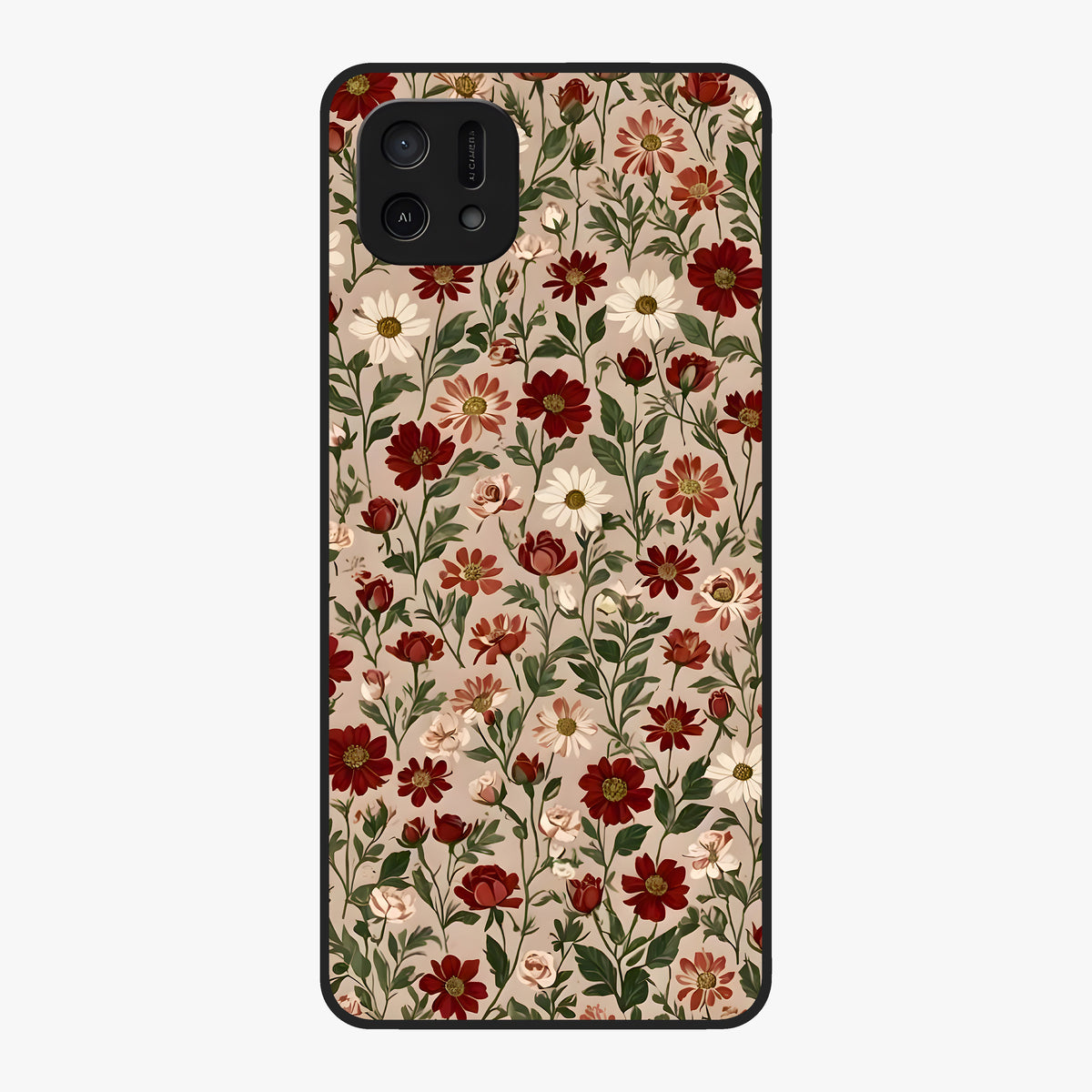 Biege Flower With Leaf Glass Case showing flat back view with soft beige floral artwork and glossy glass finish.