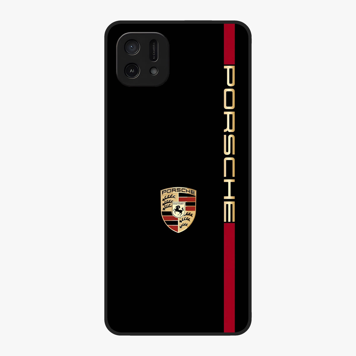 Black Minimal Porsche Glass Case showing flat back view with sleek minimal sports car artwork and glossy glass finish.