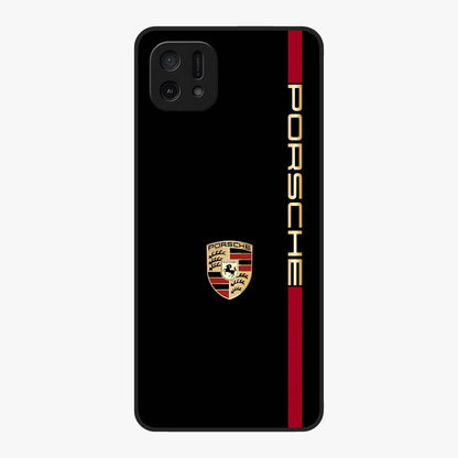Black Minimal Porsche Glass Case showing flat back view with sleek minimal sports car artwork and glossy glass finish.