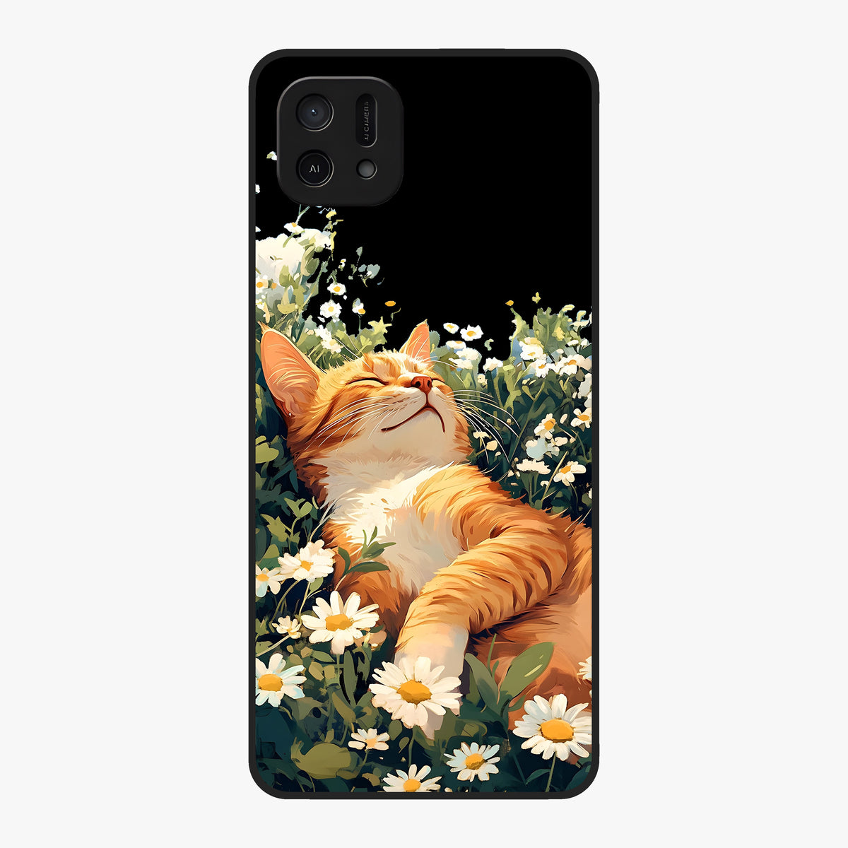 Blissful Bloom Cat Glass Case showing flat back view with cute cat and floral bloom artwork and glossy glass finish.