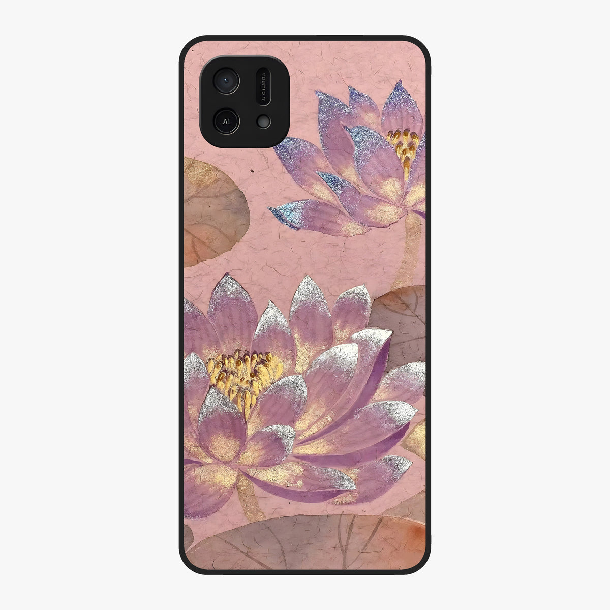 Blossom Mist Lotus Glass Case showing flat back view with serene lotus blossom artwork and glossy glass finish.