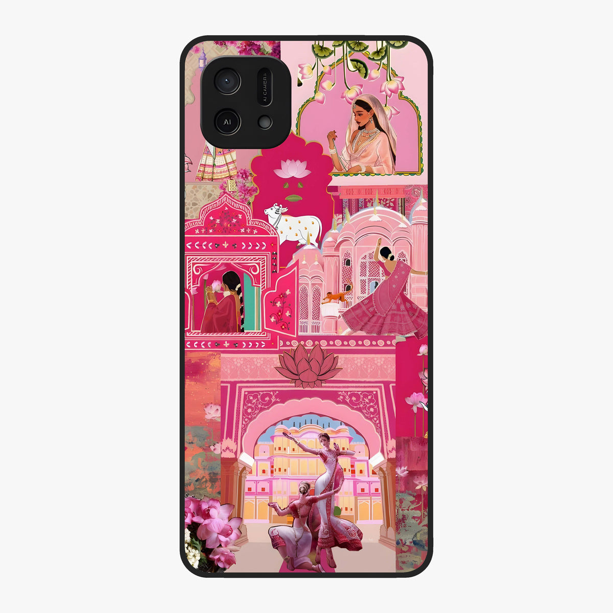 Blossoms of Rajasthan Glass Case showing flat back view with traditional floral artwork inspired by Rajasthan and glossy glass finish.