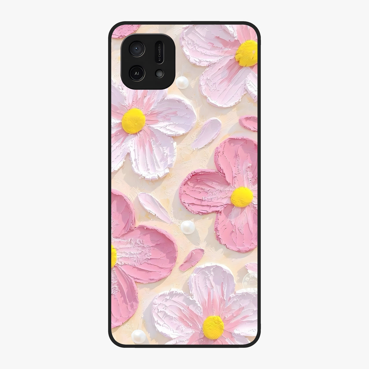 Blush Bloom Texture Glass Case showing flat back view with soft blush floral texture artwork and glossy glass finish.