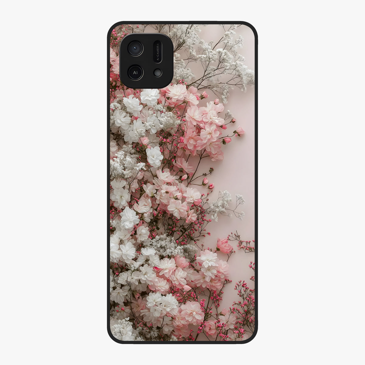 Blush Blossom Cloud Glass Case showing flat back view with dreamy blush cloud blossom artwork and glossy glass finish.
