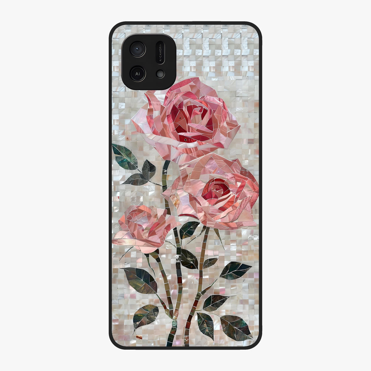 Blush Mosaic Bloom Glass Case showing flat back view with mosaic floral bloom artwork and glossy glass finish.
