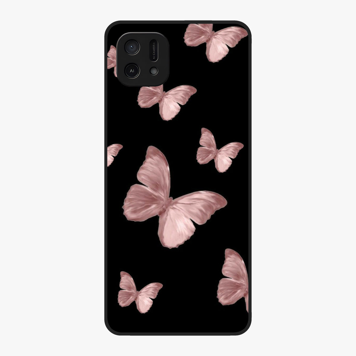 Butterfly Pattern Glass Case showing flat back view with elegant butterfly pattern artwork and glossy glass finish.