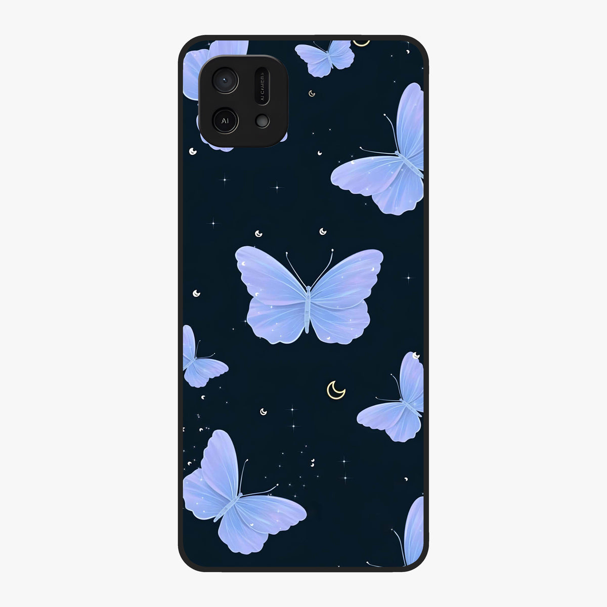 Butterfly With Stars Pattern Glass Case showing flat back view with butterfly and star pattern artwork and glossy glass finish.