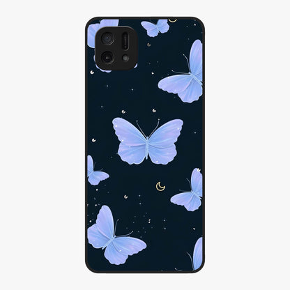 Butterfly With Stars Pattern Glass Case showing flat back view with butterfly and star pattern artwork and glossy glass finish.