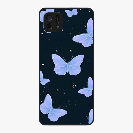 Butterfly With Stars Pattern Glass Case showing flat back view with butterfly and star pattern artwork and glossy glass finish.