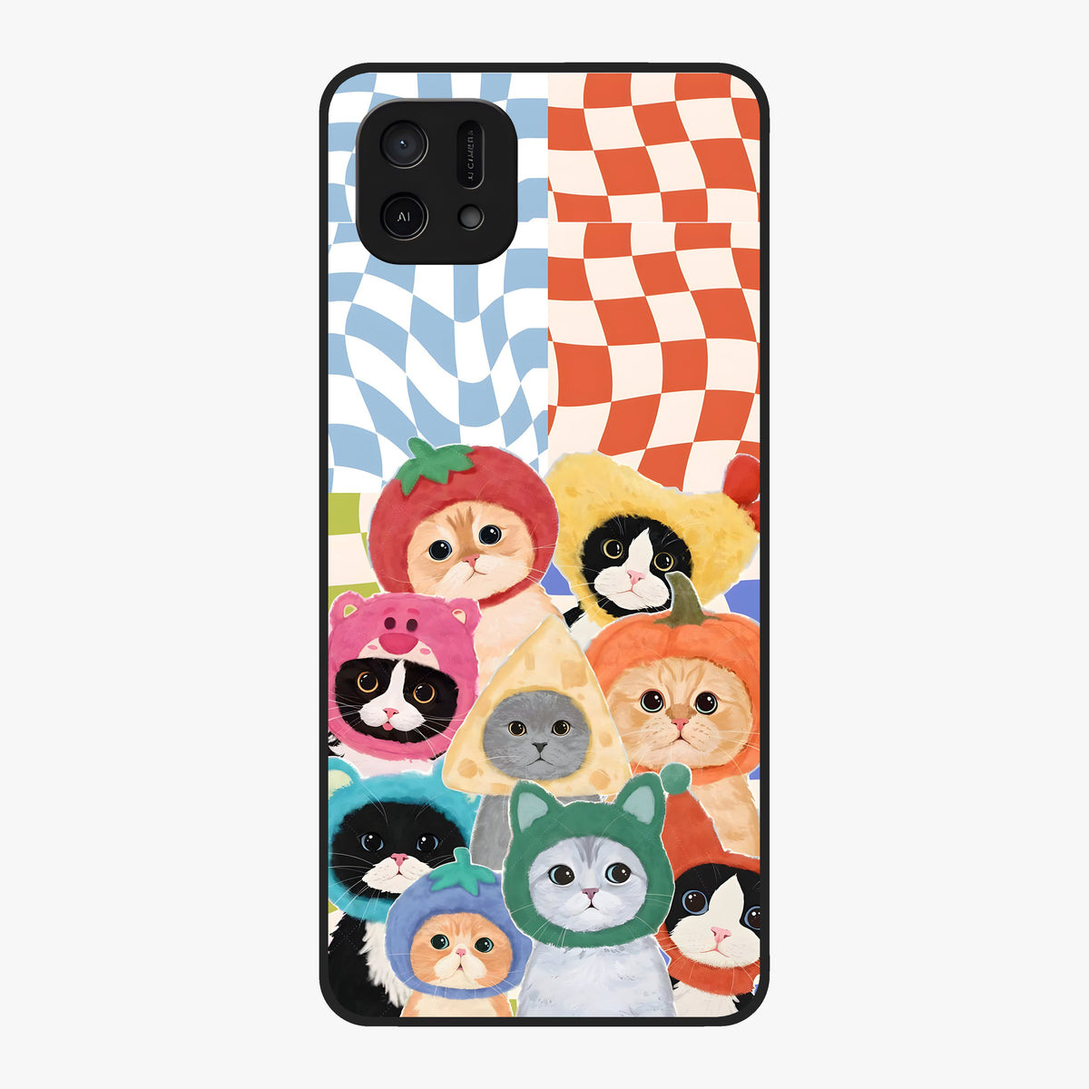 Cats in Fruits Glass Case showing flat back view with playful cat illustrations inside fruit artwork and glossy glass finish.