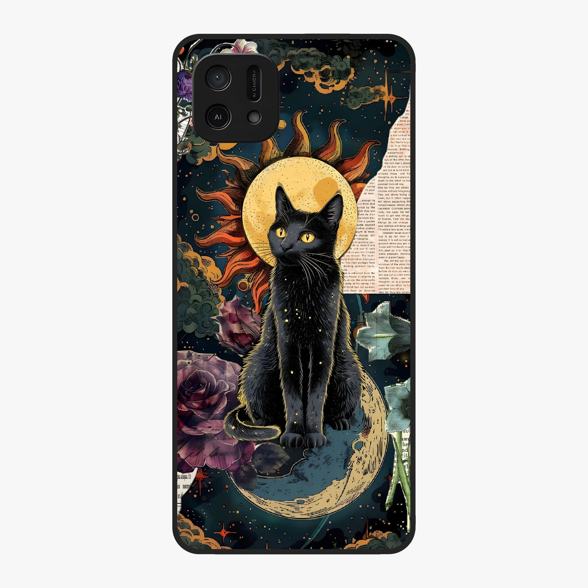 Celestial Black Cat Glass Case showing flat back view with mystical black cat artwork and glossy glass finish.