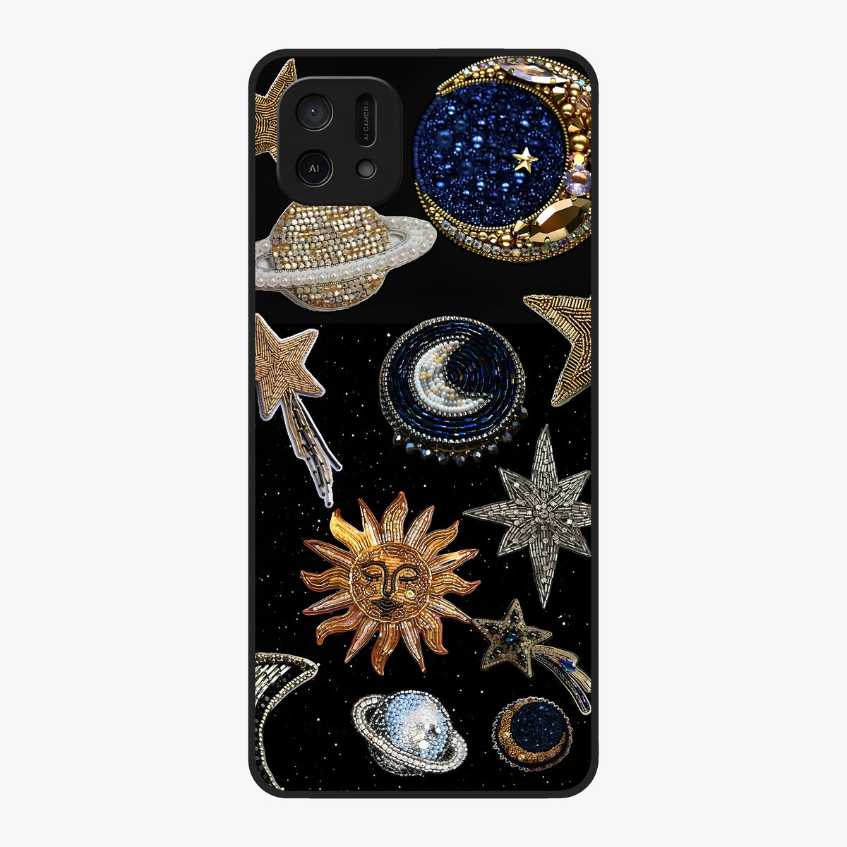 Celestial Gem Constellations Glass Case showing flat back view with sparkling constellation artwork and glossy glass finish.