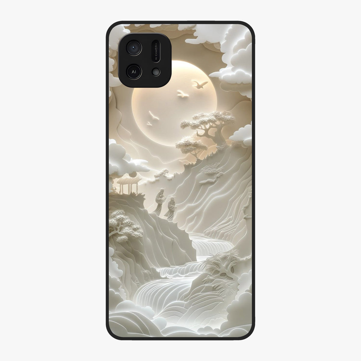 Celestial Origami Glass Case showing flat back view with artistic origami inspired celestial artwork and glossy glass finish.