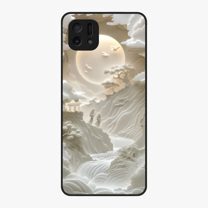 Celestial Origami Glass Case showing flat back view with artistic origami inspired celestial artwork and glossy glass finish.