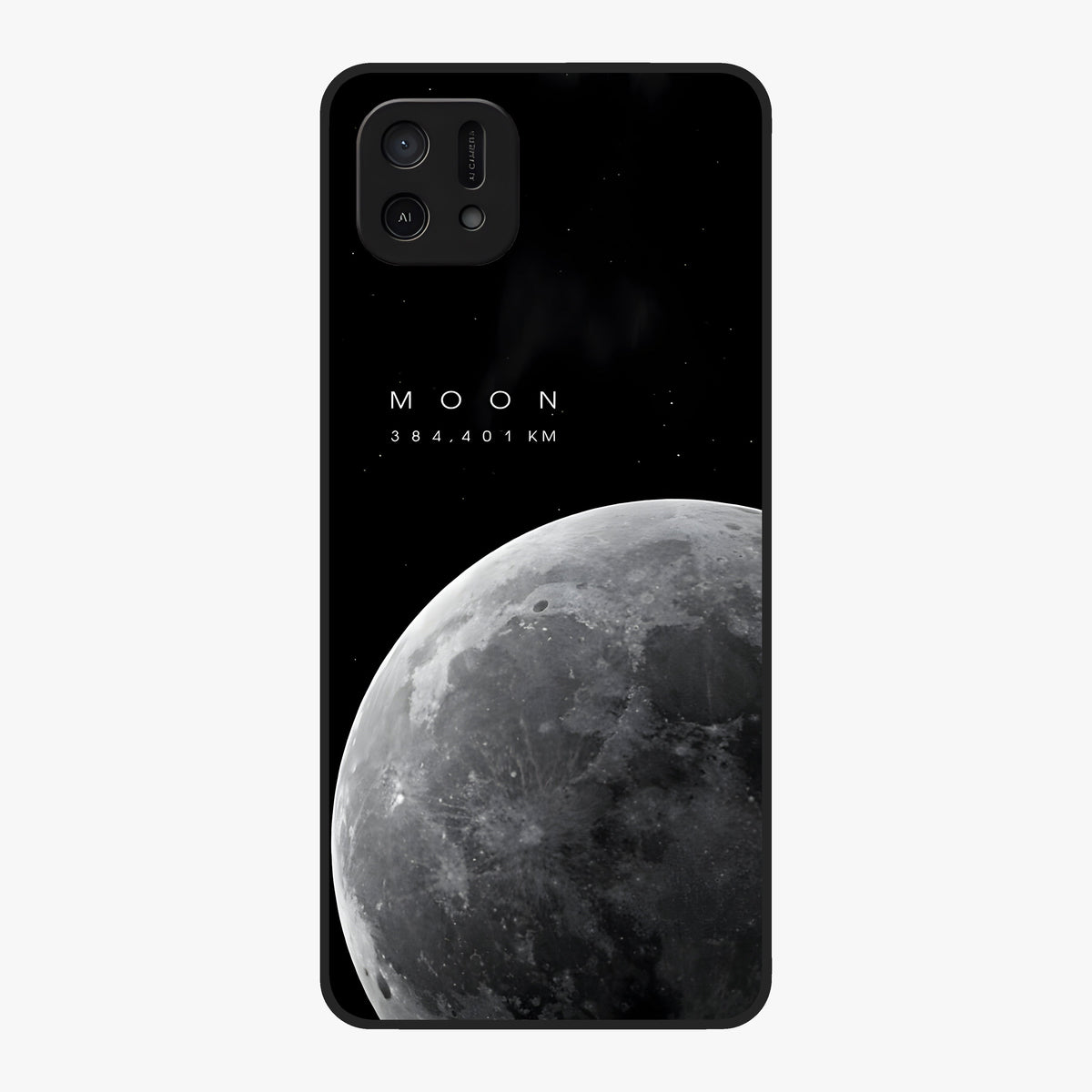 Cosmic Moon Glow Glass Case showing flat back view with glowing moon artwork and glossy glass finish.