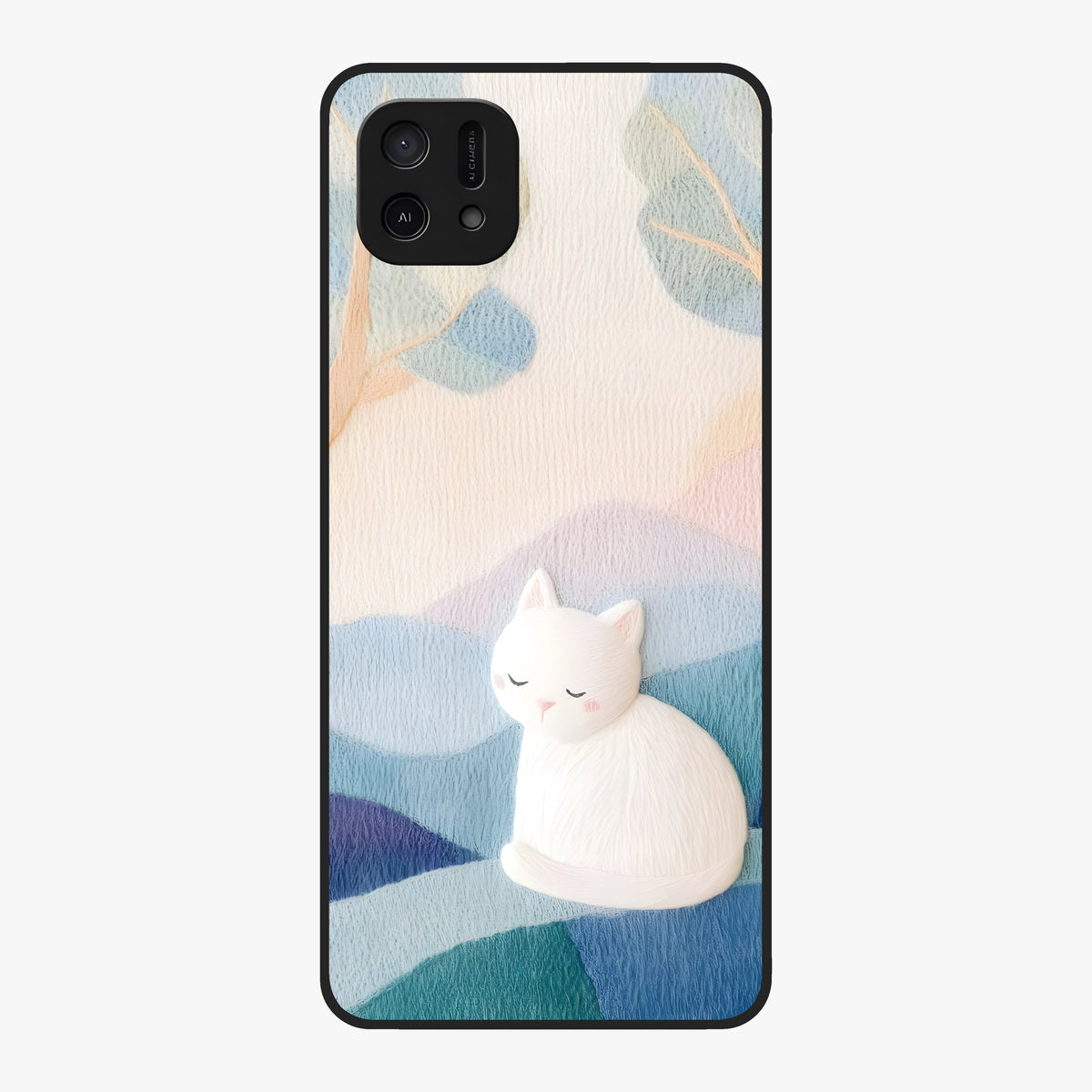 Cotton Dream Cat Glass Case showing flat back view with soft dreamy cat artwork and glossy glass finish.