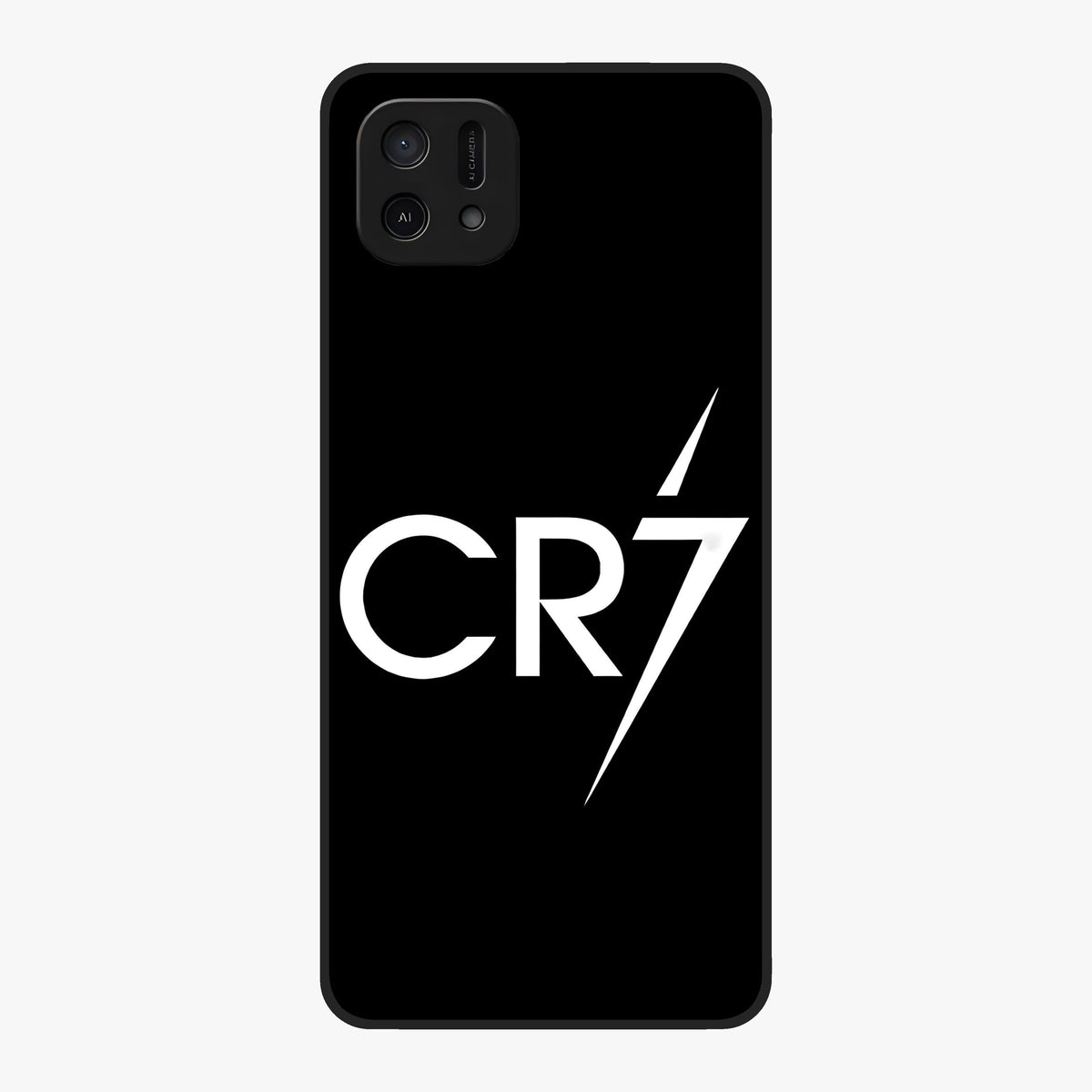 Cr7 Elite Strike Glass Case showing flat back view with dynamic football inspired artwork and glossy glass finish.