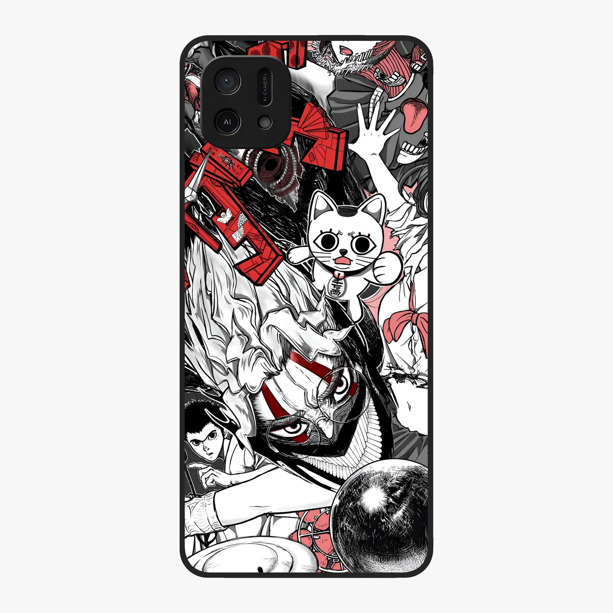 Crimson Chaos Panel Glass Case showing flat back view with bold crimson abstract artwork and glossy glass finish.