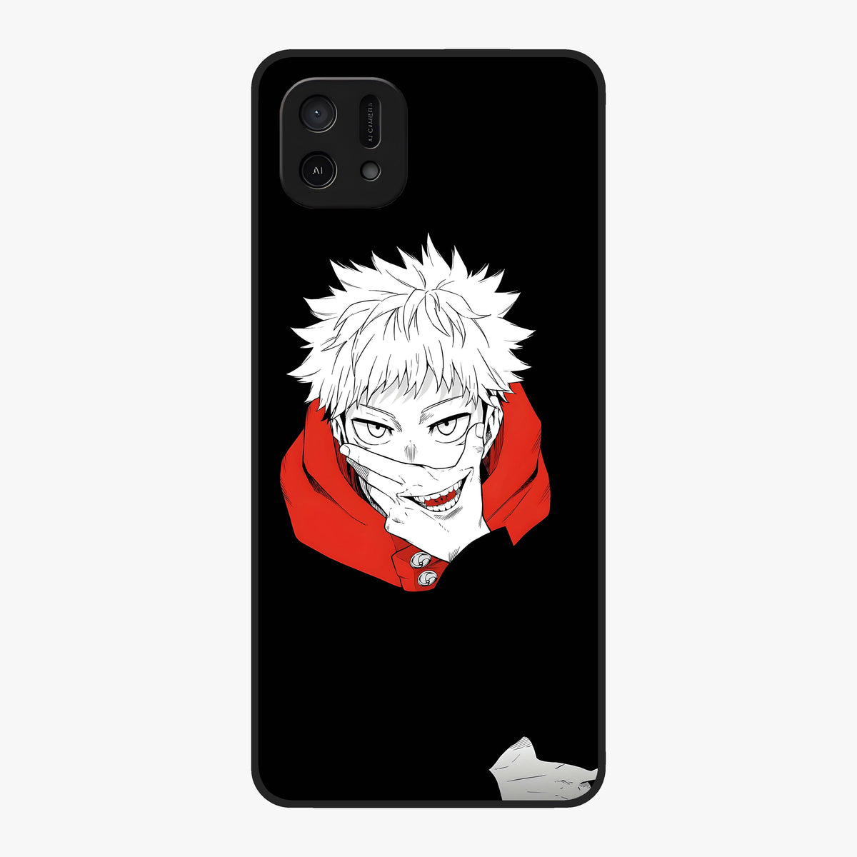 Crimson Chaos Smile Glass Case showing flat back view with bold chaotic smile artwork and glossy glass finish.