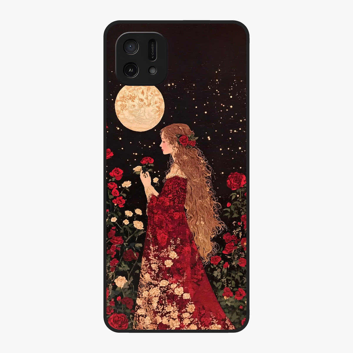 Crimson Dreams Glass Case showing flat back view with dreamy crimson artwork and glossy glass finish.