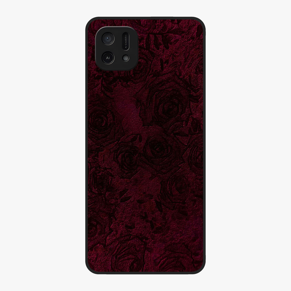 Crimson Fade Flow Glass Case showing flat back view with flowing crimson gradient artwork and glossy glass finish.