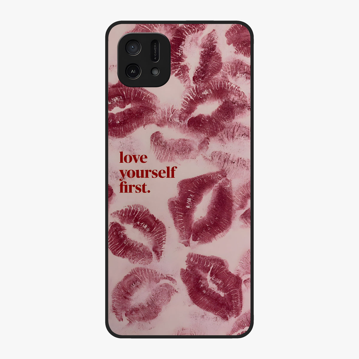 Crimson Kiss Love Glass Case showing flat back view with romantic crimson themed artwork and glossy glass finish.
