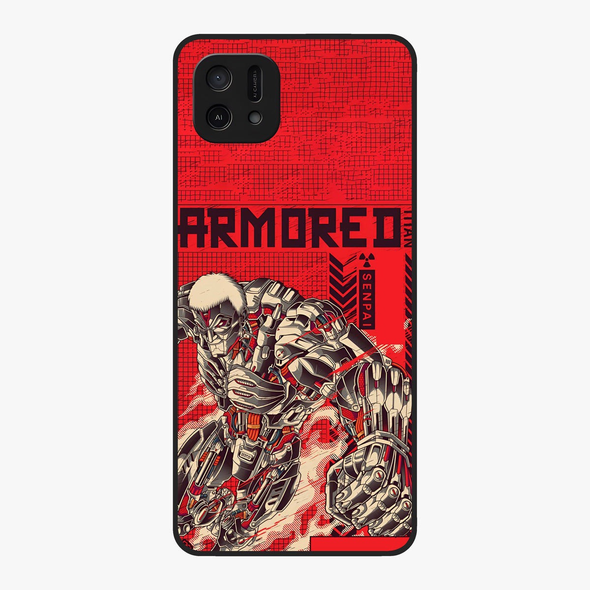 Crimson Mecha Titan Glass Case showing flat back view with powerful mech titan artwork and glossy glass finish.