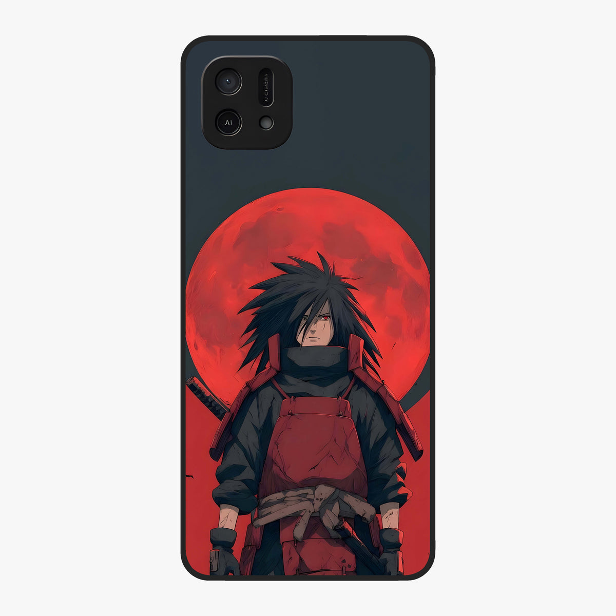 Crimson Moon Warlord Glass Case showing flat back view with mystical moon warrior artwork and glossy glass finish.