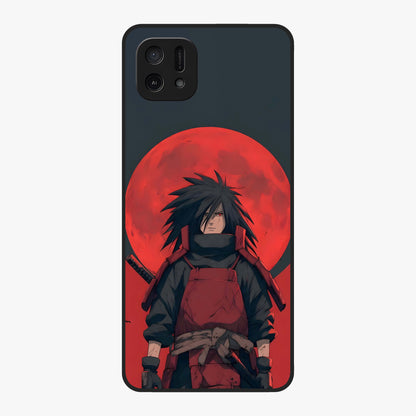 Crimson Moon Warlord Glass Case showing flat back view with mystical moon warrior artwork and glossy glass finish.