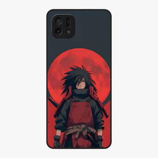 Crimson Moon Warlord Glass Case showing flat back view with mystical moon warrior artwork and glossy glass finish.