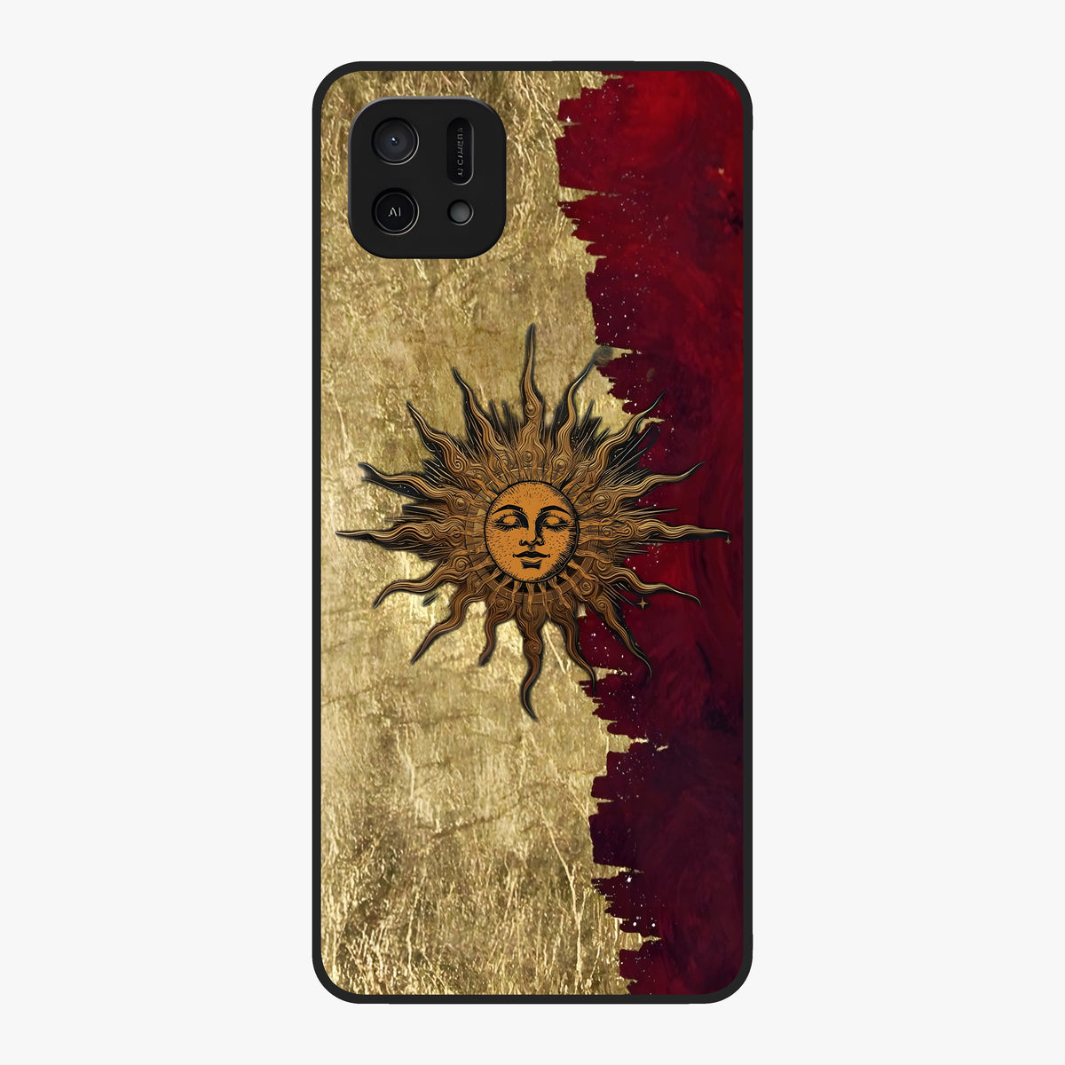 Crimson Sun Majesty Glass Case showing flat back view with radiant sun inspired artwork and glossy glass finish.