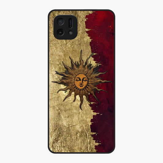 Crimson Sun Majesty Glass Case showing flat back view with radiant sun inspired artwork and glossy glass finish.