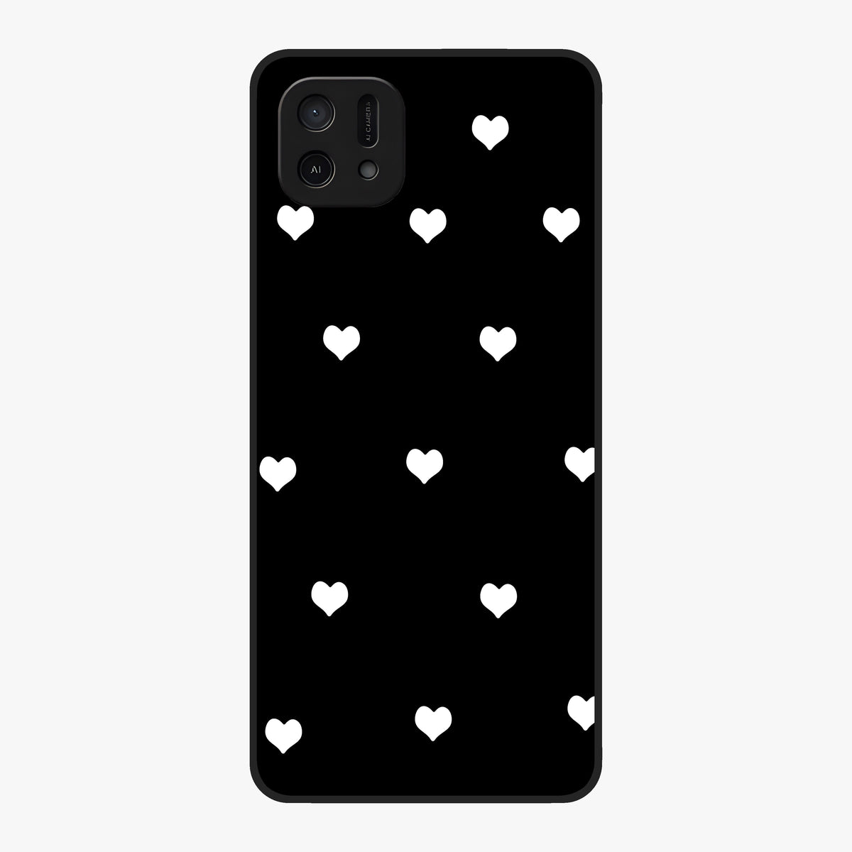 Cute And Simple White Hearts Glass Case showing flat back view with minimal white heart pattern and glossy glass finish.