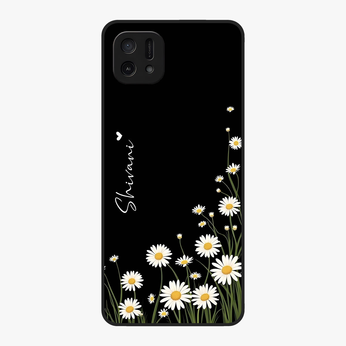 Daisy Cascade Custom Name Glass Case showing flat back view with cascading daisy flowers and personalized name design.