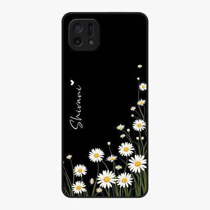 Daisy Cascade Custom Name Glass Case showing flat back view with cascading daisy flowers and personalized name design.