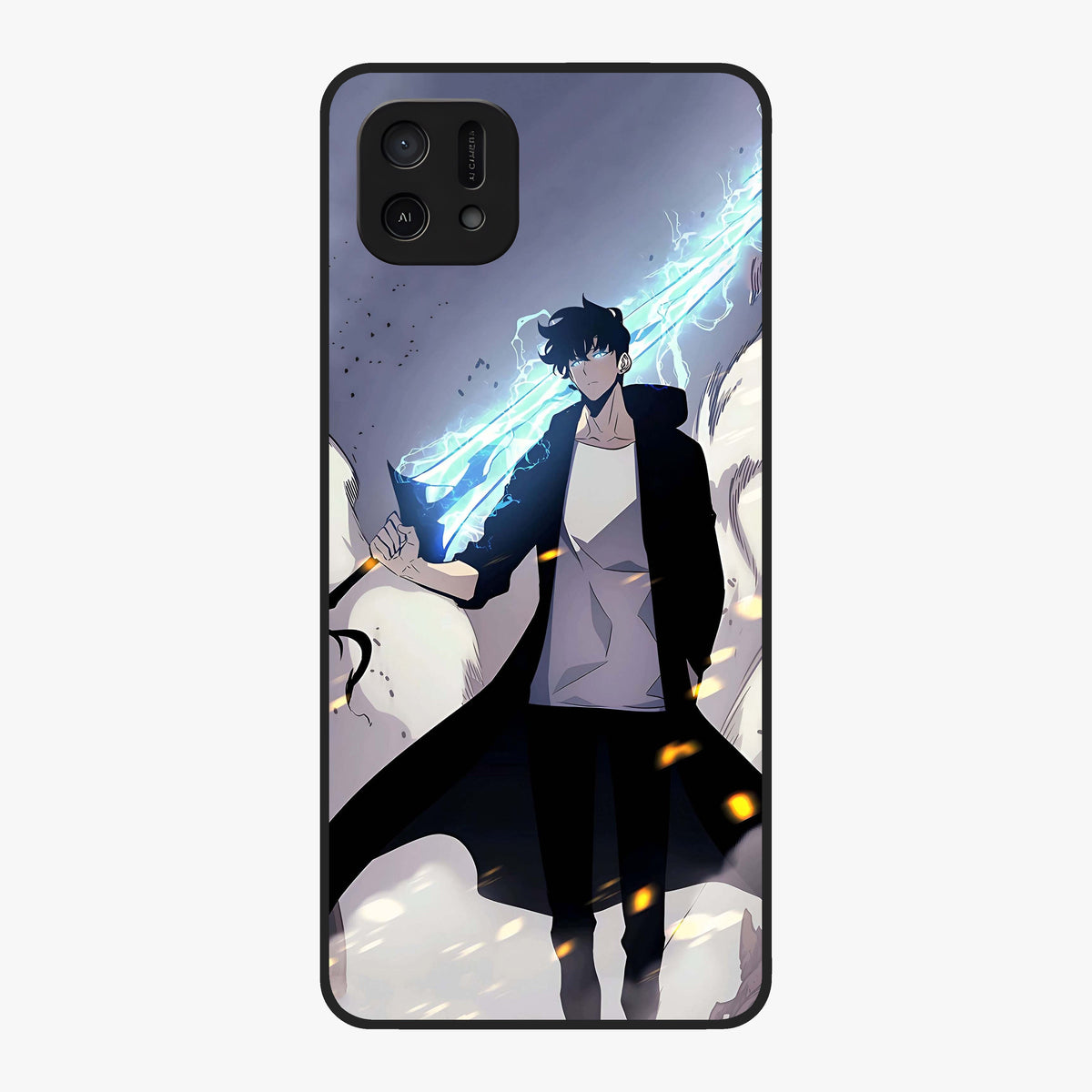 Dark Lightning Anime Warrior Glass Case showing flat back view with intense anime warrior artwork and glossy glass finish.