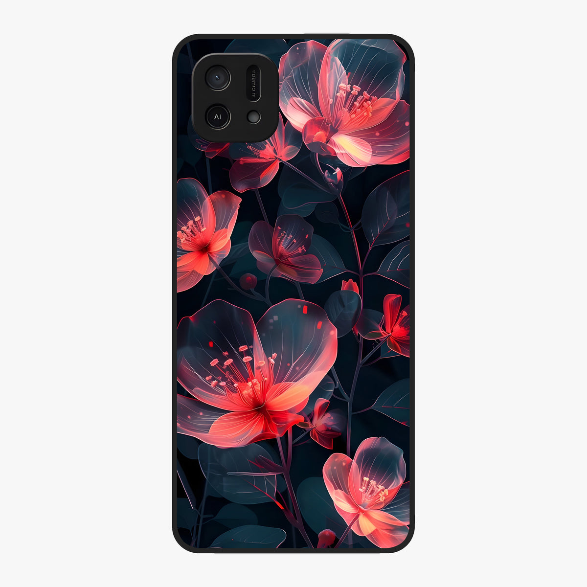 Dark Shade of Flower Glass Case showing flat back view with elegant dark floral artwork and glossy glass finish.