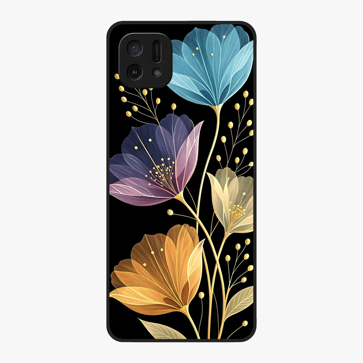 Delicate Multicolor Flowers Glass Case showing flat back view with vibrant floral artwork and glossy glass finish.