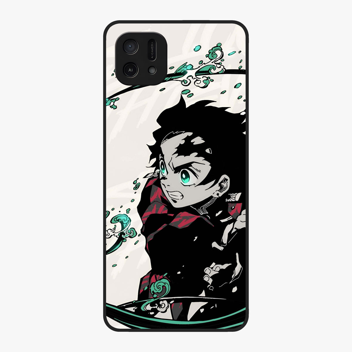 Demon Slayer Glass Case showing flat back view with bold anime inspired artwork and glossy glass finish.