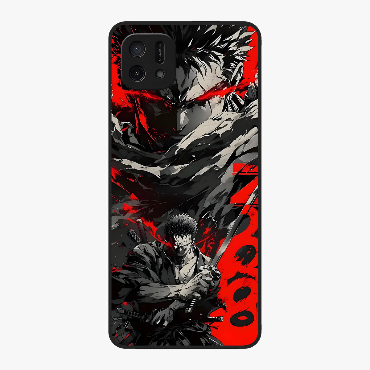 Demon Sword Resolve Glass Case showing flat back view with fierce sword warrior artwork and glossy glass finish.