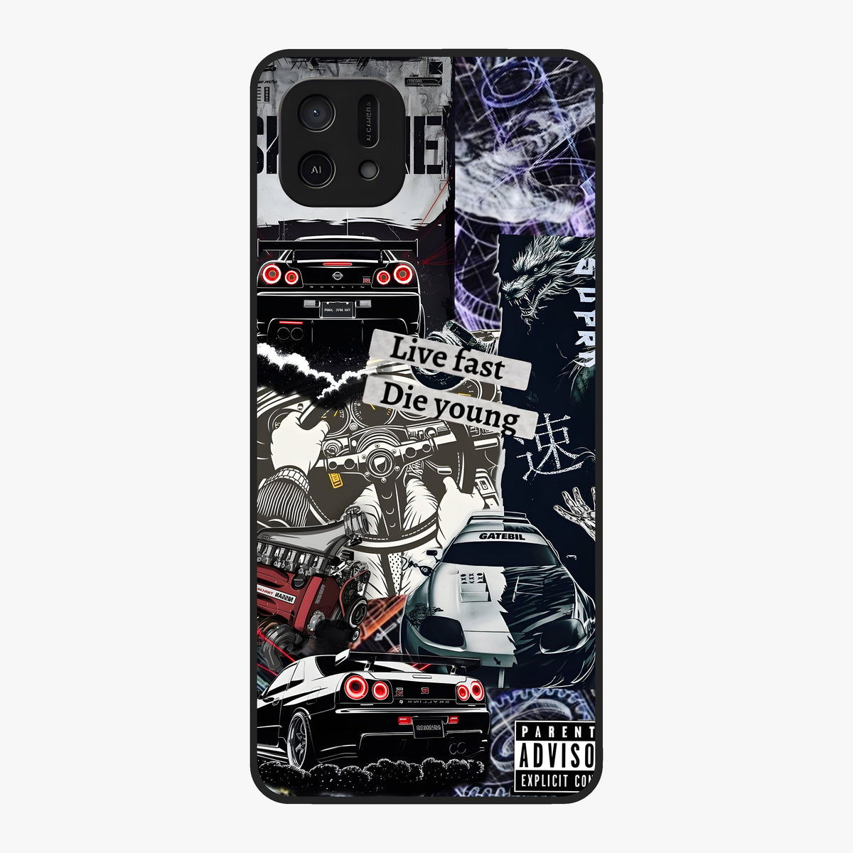 Die Young Glass Case showing flat back view with bold artistic typography design and glossy glass finish.