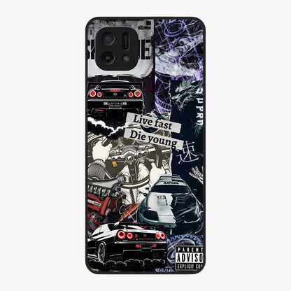 Die Young Glass Case showing flat back view with bold artistic typography design and glossy glass finish.