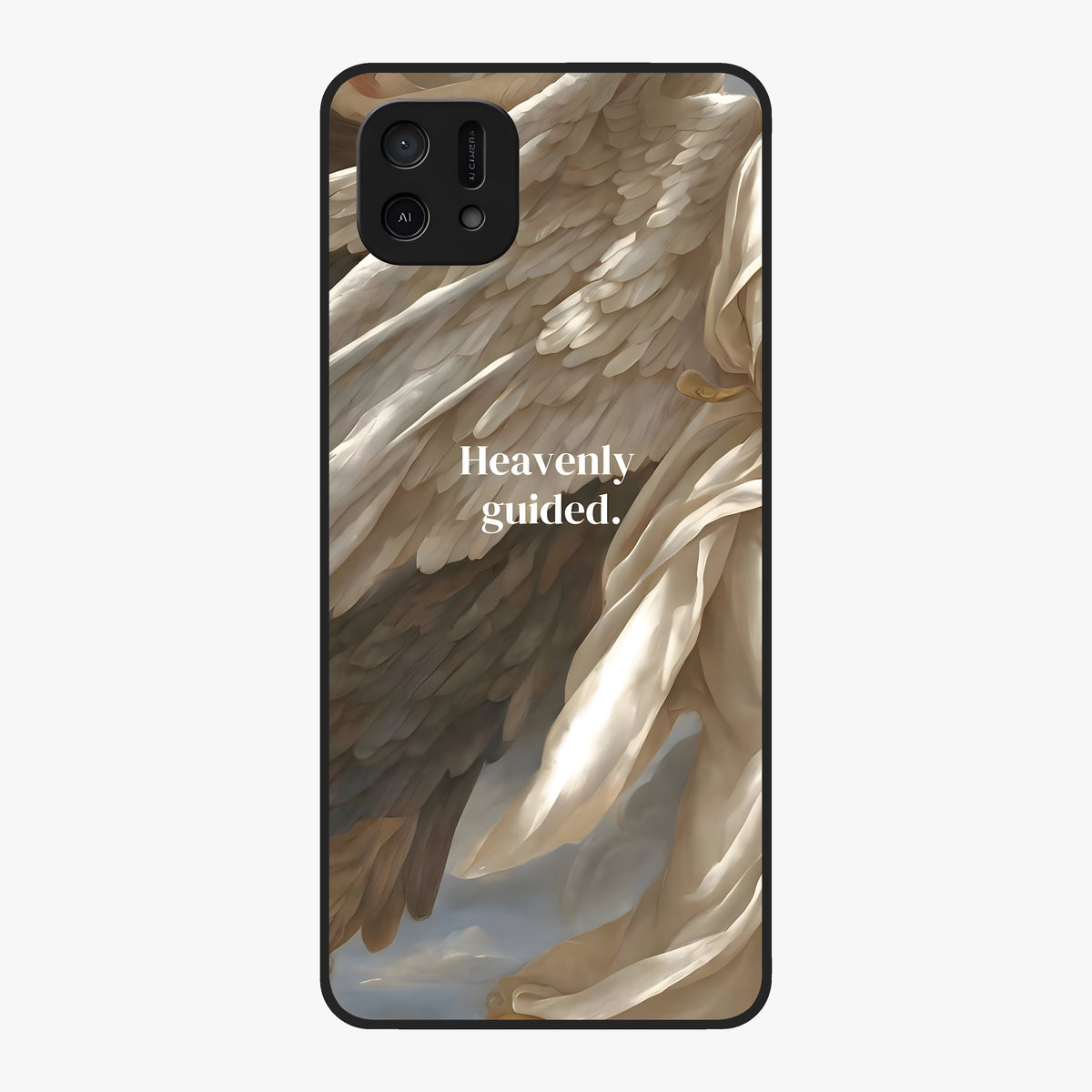 Divine Winged Grace Glass Case showing flat back view with elegant wing inspired artwork and glossy glass finish.