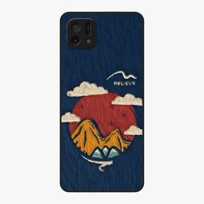 Dream Beyond Mountains Glass Case showing flat back view with scenic mountain landscape artwork and glossy glass finish.