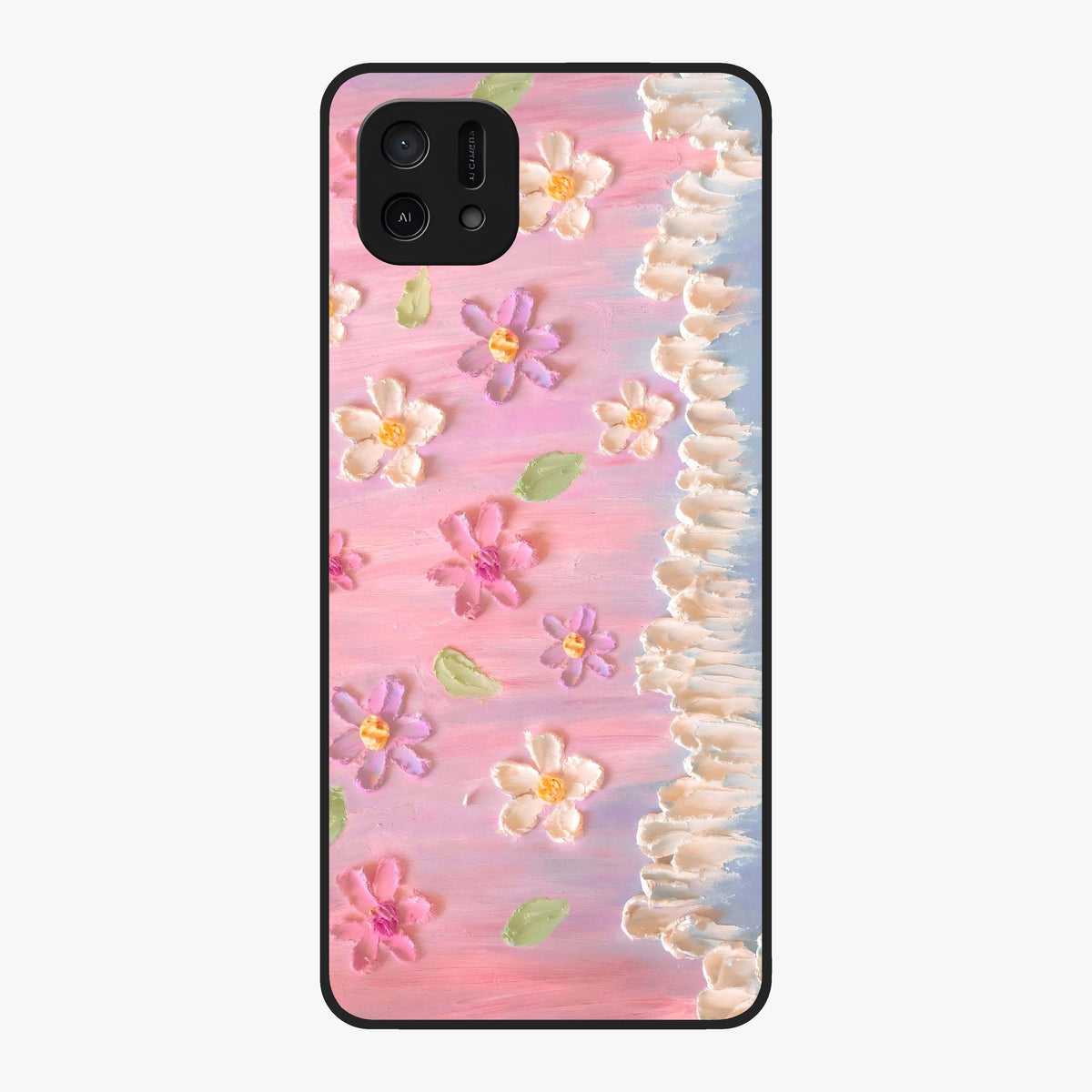 Dreamy Painted Garden Glass Case showing flat back view with artistic painted floral garden artwork and glossy glass finish.